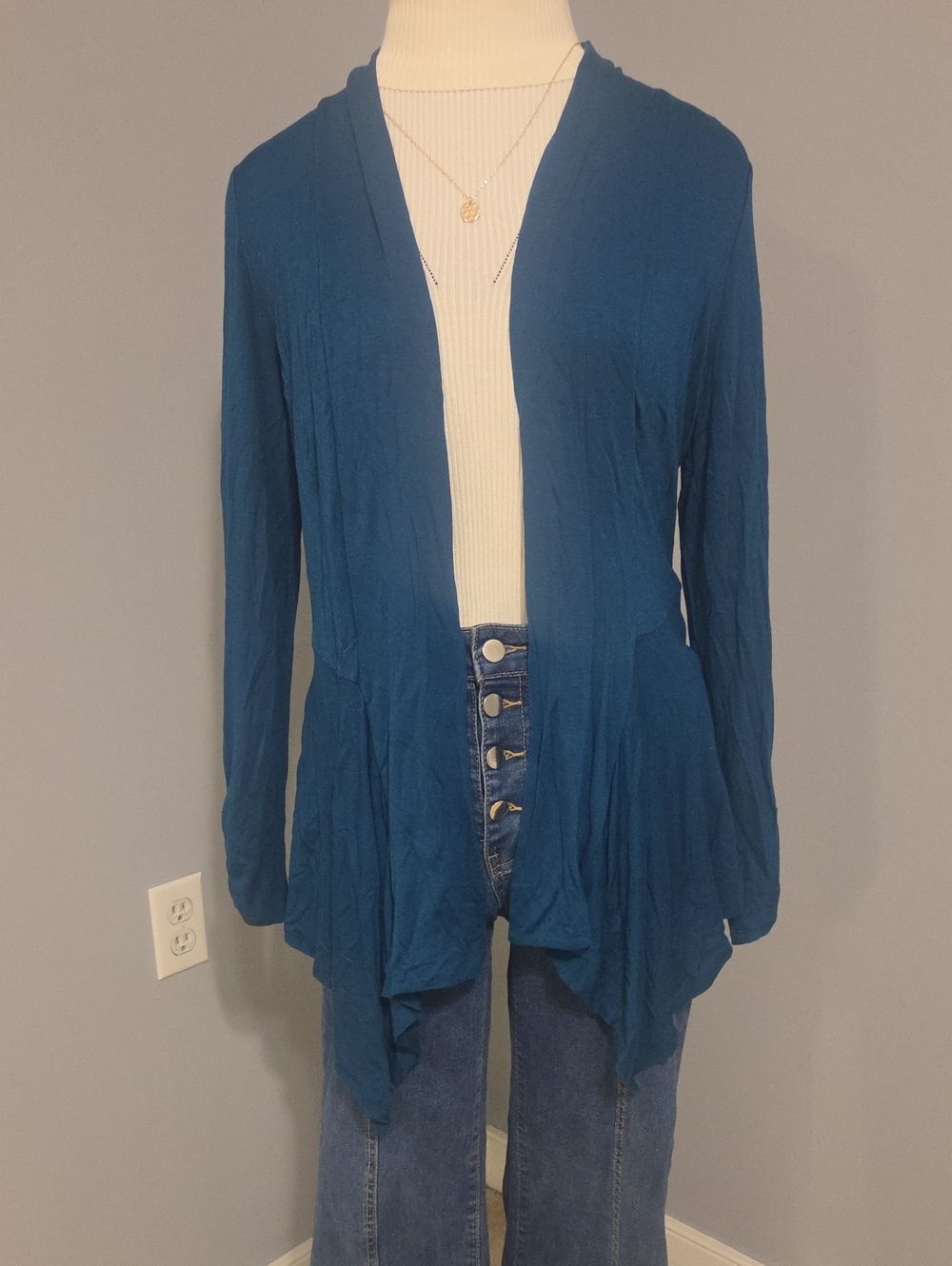 new directions Teal Open-Front Draped Cardigan